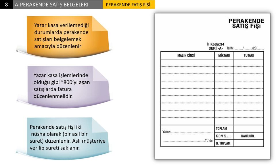 işlemlerinde olduğu gibi 800 yı aşan satışlarda fatura düzenlenmelidir.