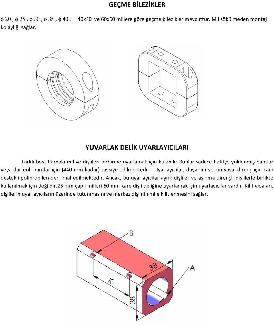 tavsiye edilmektedir. Uyarlayıcılar, dayanım ve kimyasal direnç için cam destekli polipropilen den imal edilmektedir.