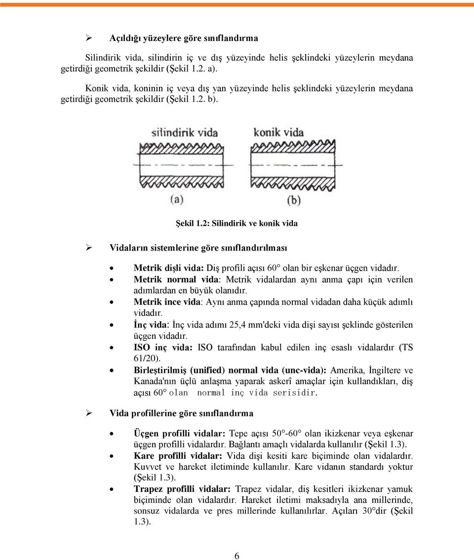 2: Silindirik ve konik vida Vidaların sistemlerine göre sınıflandırılması Metrik dişli vida: Diş profili açısı 60 olan bir eşkenar üçgen vidadır.