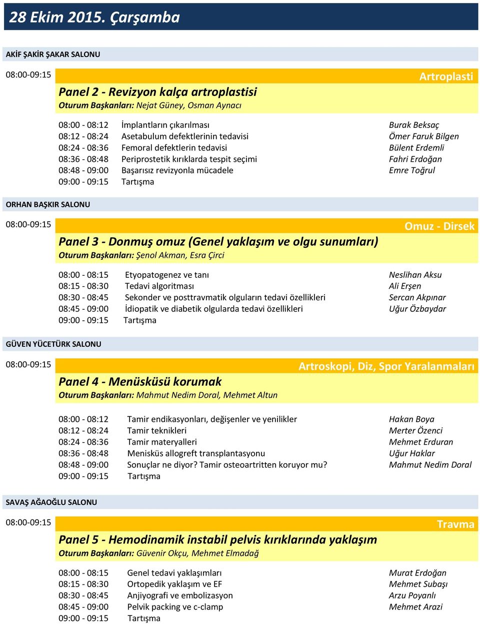 08:12-08:24 Asetabulum defektlerinin tedavisi Ömer Faruk Bilgen 08:24-08:36 Femoral defektlerin tedavisi Bülent Erdemli 08:36-08:48 Periprostetik kırıklarda tespit seçimi Fahri Erdoğan 08:48-09:00