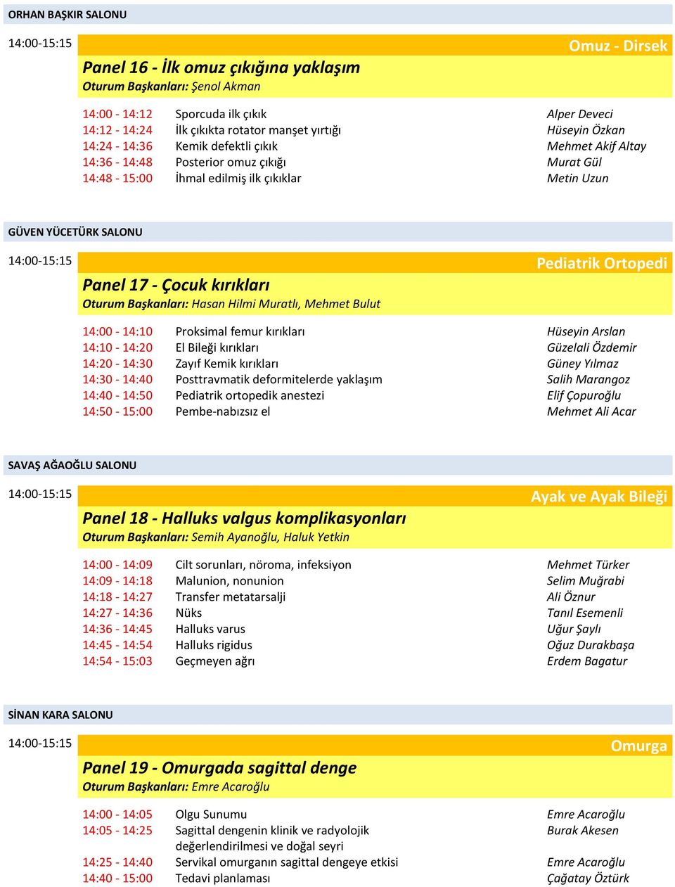 Ortopedi Panel 17 - Çocuk kırıkları Hasan Hilmi Muratlı, Mehmet Bulut 14:00-14:10 Proksimal femur kırıkları Hüseyin Arslan 14:10-14:20 El Bileği kırıkları Güzelali Özdemir 14:20-14:30 Zayıf Kemik