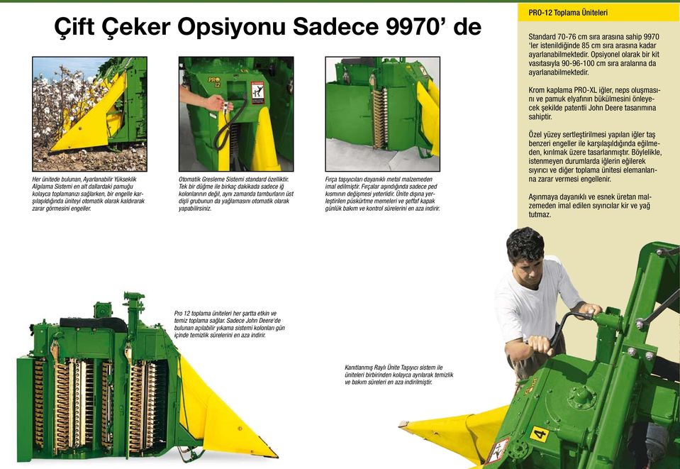 Krom kaplama PRO-XL iğler, neps oluşmasını ve pamuk elyafının bükülmesini önleyecek şekilde patentli John Deere tasarımına sahiptir.