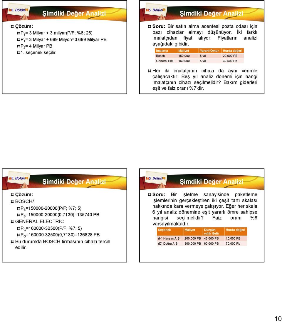 500 Pb Her iki imalatçının cihazı da aynı verimle çalışacaktır. Beş yıl analiz dönemi için hangi imalatçının cihazı seçilmelidir? Bakım giderleri eşit ve faiz oranı %7 dir.