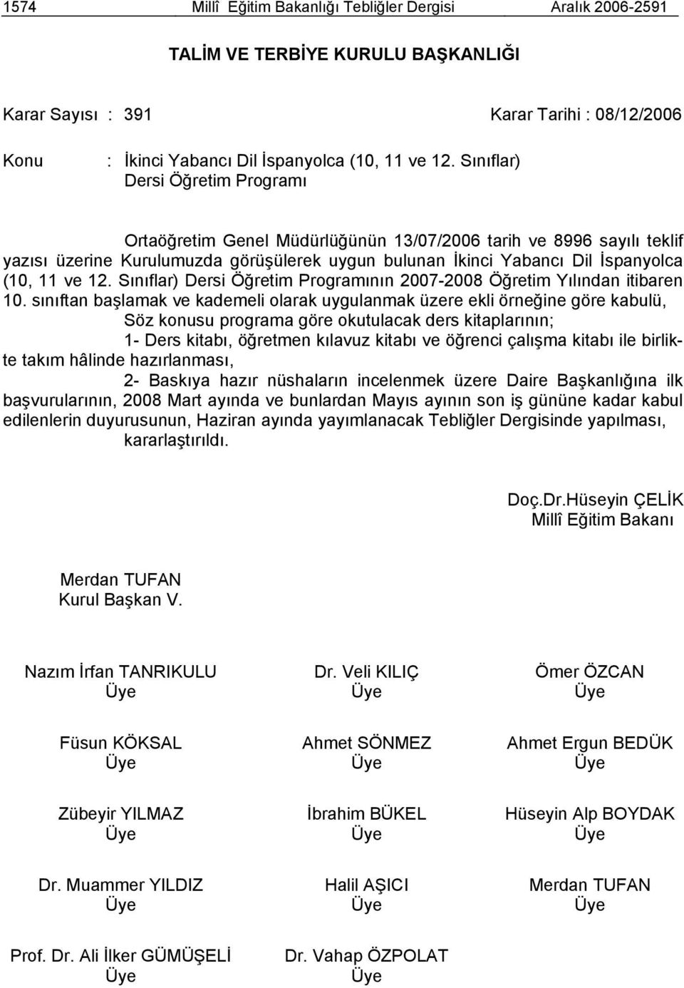 Sınıflar) Dersi Öğretim Programının 2007-2008 Öğretim Yılından itibaren 10.