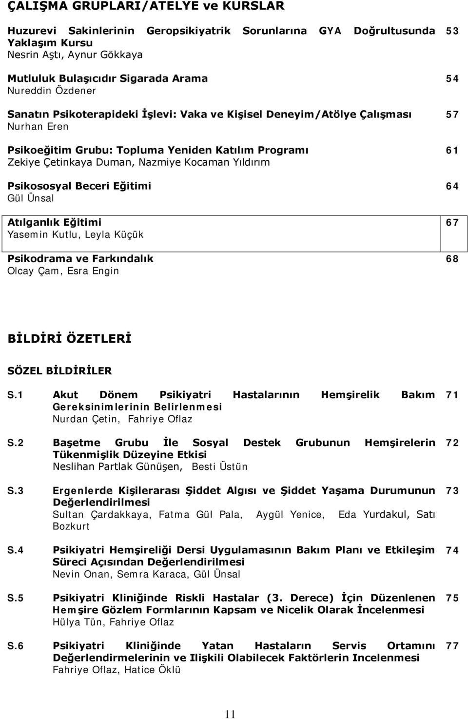 Beceri Eğitimi Gül Ünsal Atılganlık Eğitimi Yasemin Kutlu, Leyla Küçük Psikodrama ve Farkındalık Olcay Çam, Esra Engin 53 54 57 61 64 67 68 BİLDİRİ LERİ SÖZEL BİLDİRİLER S.