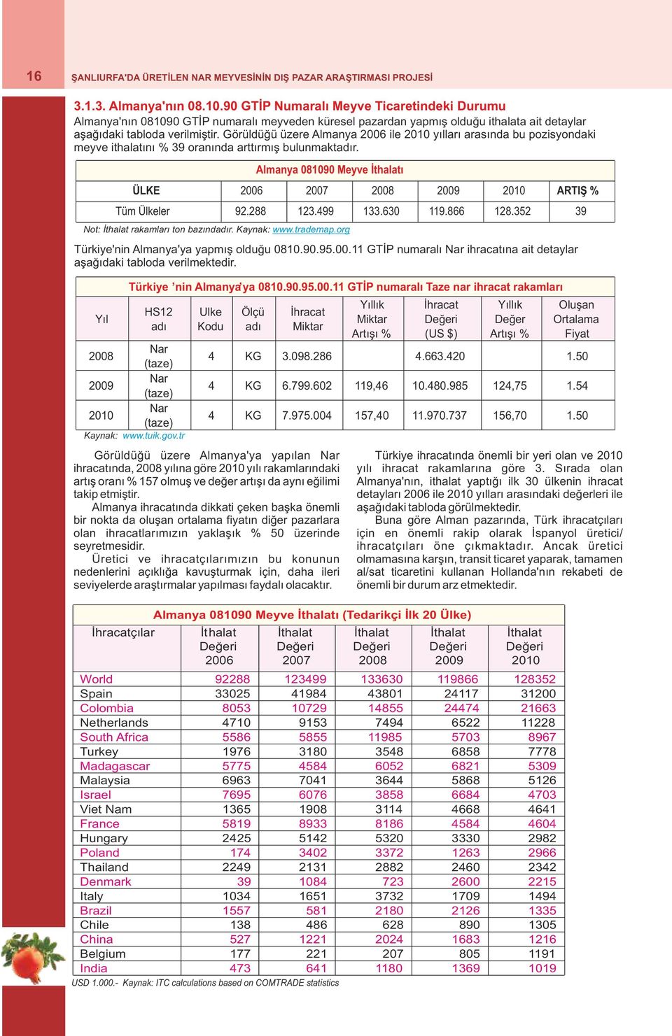 Görüldüğü üzere Almanya 2006 ile 2010 yılları arasında bu pozisyondaki meyve ithalatını % 39 oranında arttırmış bulunmaktadır.