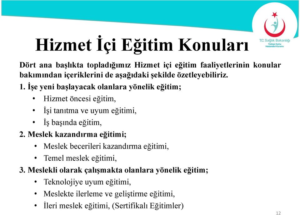 İşe yeni başlayacak olanlara yönelik eğitim; Hizmet öncesi eğitim, İşi tanıtma ve uyum eğitimi, İş başında eğitim, 2.