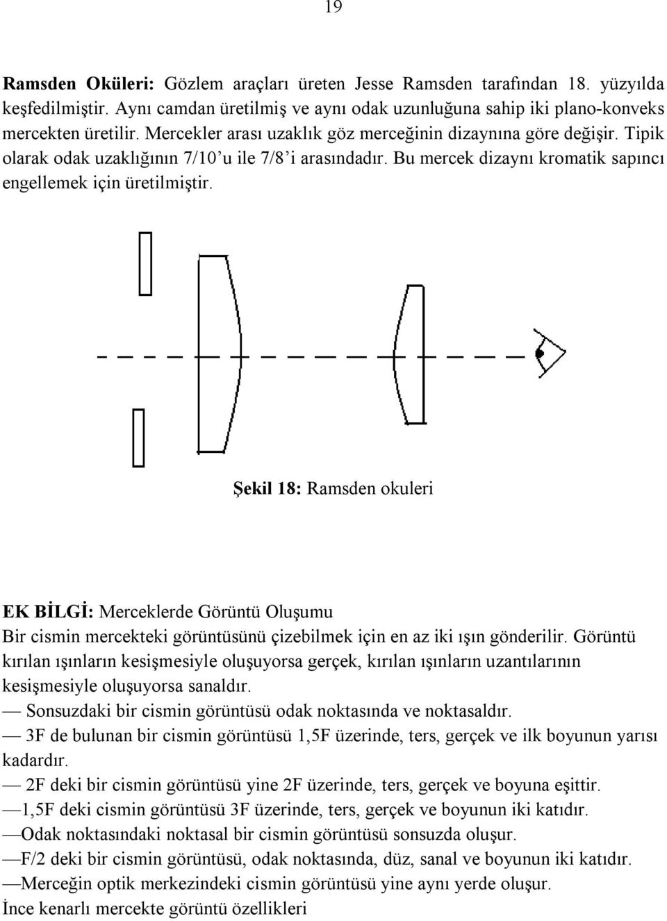 Şekil 18: Ramsden okuleri EK BİLGİ: Merceklerde Görüntü Oluşumu Bir cismin mercekteki görüntüsünü çizebilmek için en az iki ışın gönderilir.
