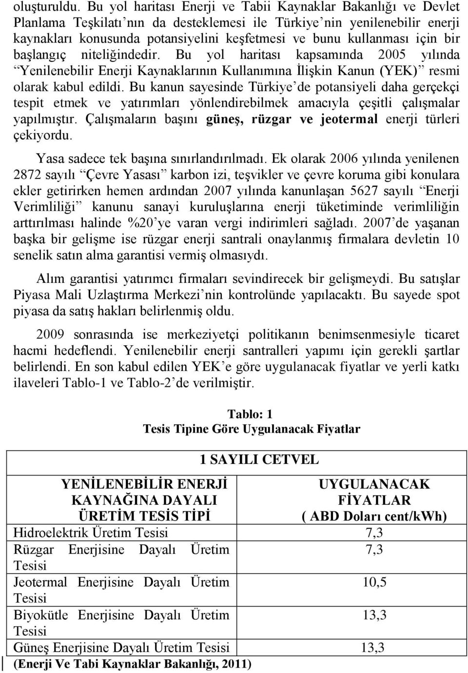 kullanması için bir başlangıç niteliğindedir. Bu yol haritası kapsamında 2005 yılında Yenilenebilir Enerji Kaynaklarının Kullanımına İlişkin Kanun (YEK) resmi olarak kabul edildi.