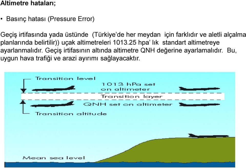 altimetreleri 1013.25 hpa lık standart altimetreye ayarlanmalıdır.