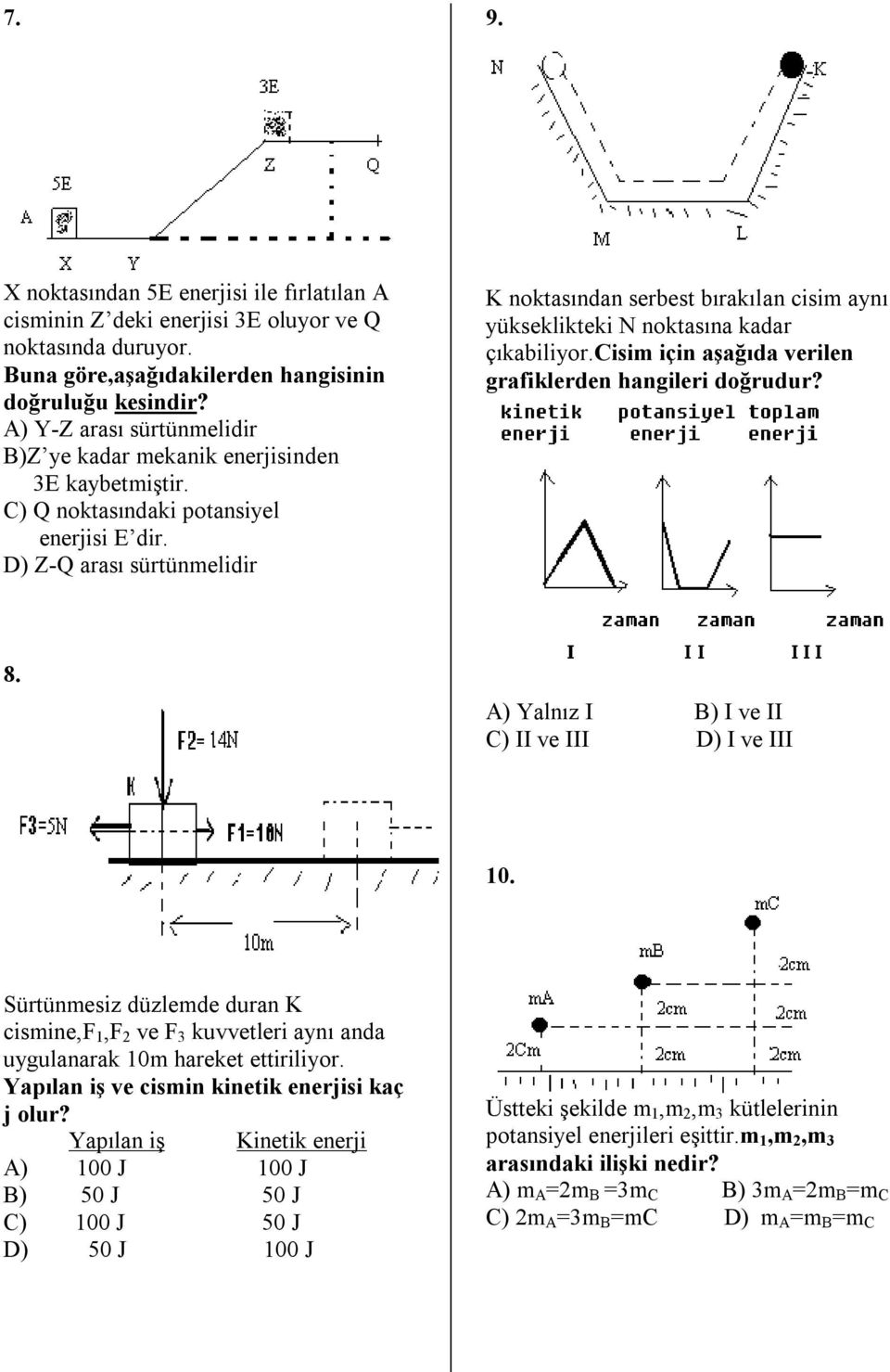 D) Z-Q arası sürtünmelidir K noktasından serbest bırakılan cisim aynı yükseklikteki N noktasına kadar çıkabiliyor.cisim için aşağıda verilen grafiklerden hangileri doğrudur? 8.