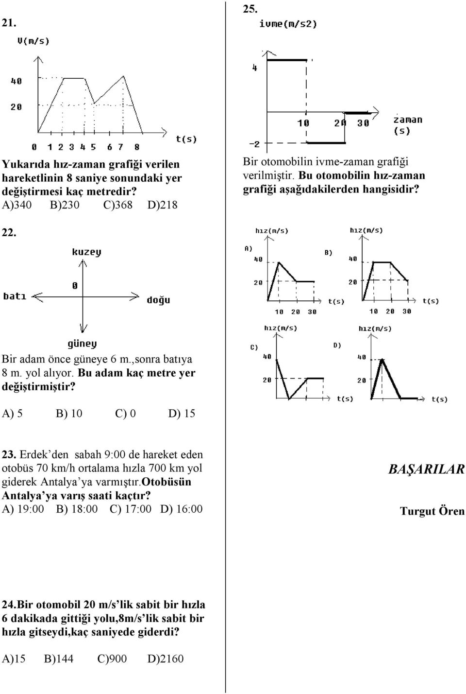 A) 5 B) 10 C) 0 D) 15 23. Erdek den sabah 9:00 de hareket eden otobüs 70 km/h ortalama hızla 700 km yol giderek Antalya ya varmıştır.otobüsün Antalya ya varış saati kaçtır?