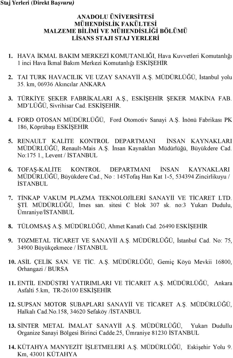 km, 06936 Akıncılar ANKARA 3. TÜRKİYE ŞEKER FABRİKALARI A.Ş., ESKİŞEHİR ŞEKER MAKİNA FAB. MD LÜĞÜ, Sivrihisar Cad. ESKİŞEHİR. 4. FORD OTOSAN MÜDÜRLÜĞÜ, Ford Otomotiv Sanayi A.Ş. İnönü Fabrikası PK 186, Köprübaşı ESKİŞEHİR 5.