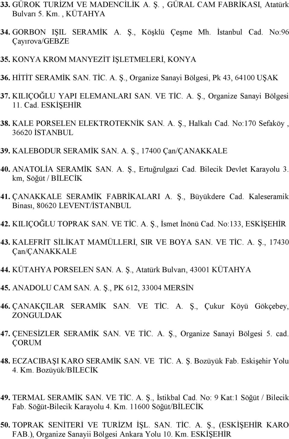 ESKİŞEHİR 38. KALE PORSELEN ELEKTROTEKNİK SAN. A. Ş., Halkalı Cad. No:170 Sefaköy, 36620 İSTANBUL 39. KALEBODUR SERAMİK SAN. A. Ş., 17400 Çan/ÇANAKKALE 40. ANATOLİA SERAMİK SAN. A. Ş., Ertuğrulgazi Cad.