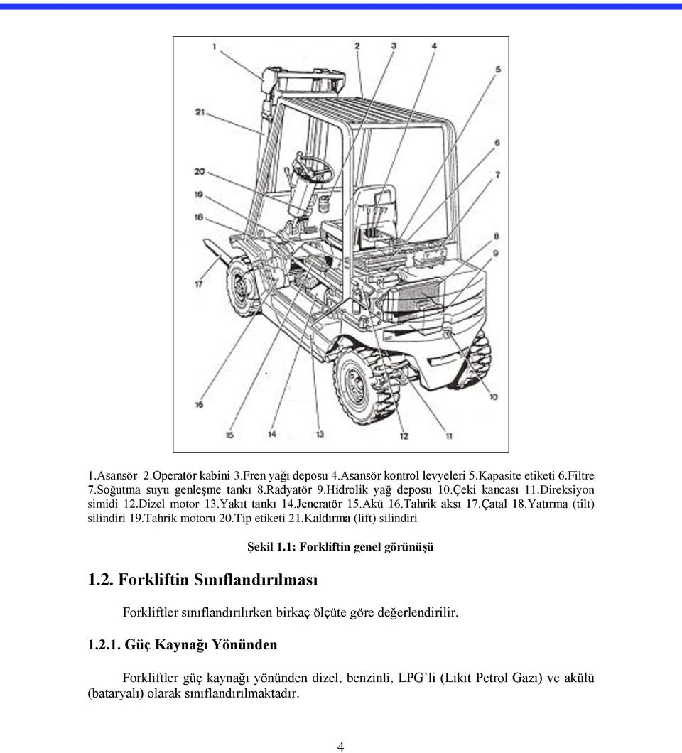 Tahrik motoru 20.Tip etiketi 21.Kaldırma (lift) silindiri 1.2. Forkliftin Sınıflandırılması Şekil 1.