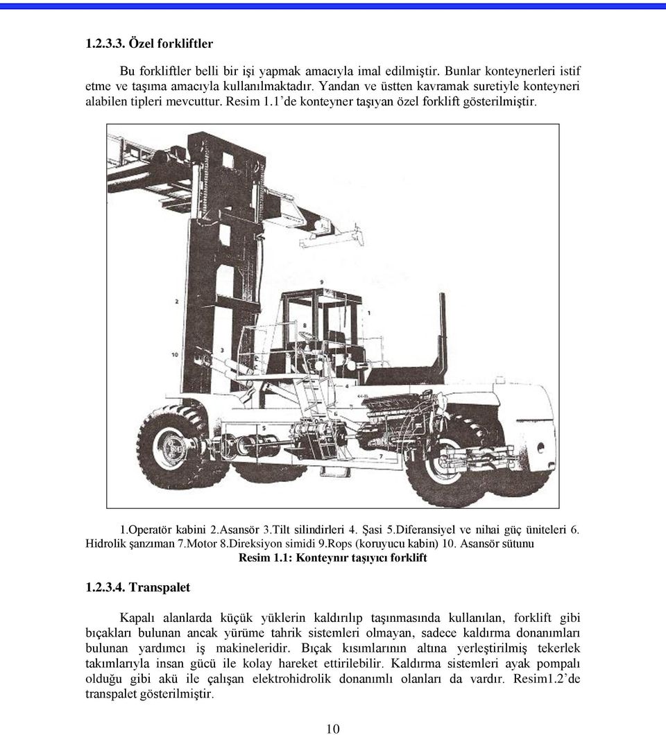 Diferansiyel ve nihai güç üniteleri 6. Hidrolik şanzıman 7.Motor 8.Direksiyon simidi 9.Rops (koruyucu kabin) 10. Asansör sütunu Resim 1.1: Konteynır taşıyıcı forklift 1.2.3.4.