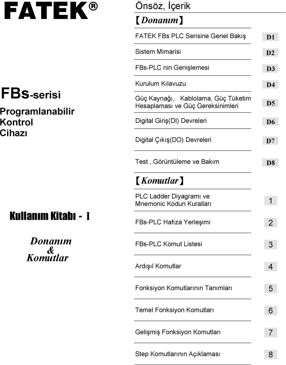 Test, Görüntüleme ve Bakım Komutlar D8 Kullanım Kitabı - I Donanım & Komutlar PLC Ladder Diyagramı ve Mnemonic Kodun Kuralları FBs-PLC Hafıza Yerleşimi 2