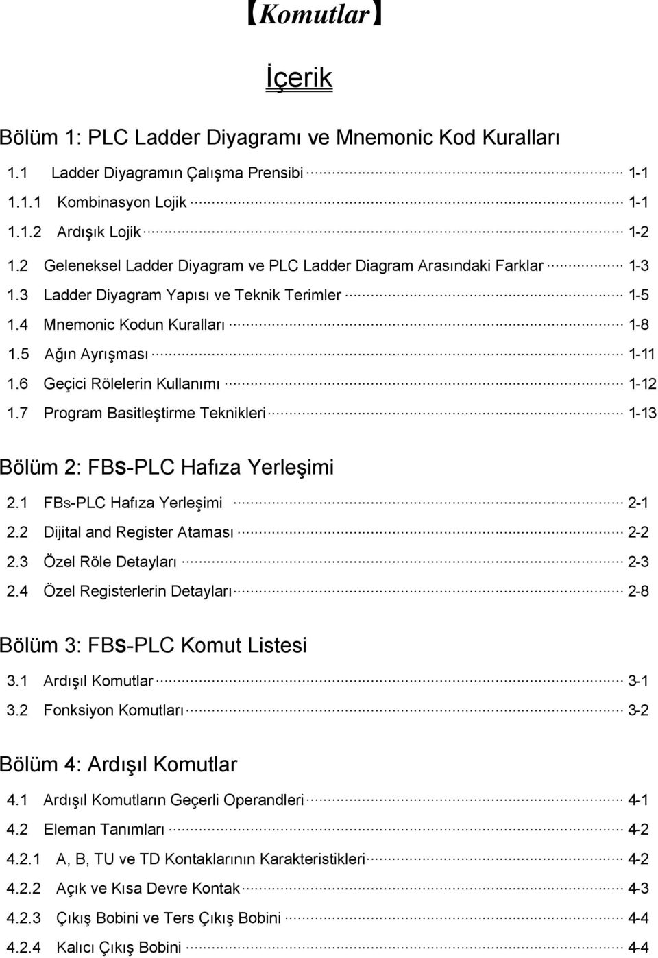 .. -2.7 Program Basitleştirme Teknikleri... -3 Bölüm 2: FBS-PLC Hafıza Yerleşimi 2. FBS-PLC Hafıza Yerleşimi... 2-2.2 Dijital and Register Ataması... 2-2 2.3 Özel Röle Detayları... 2-3 2.