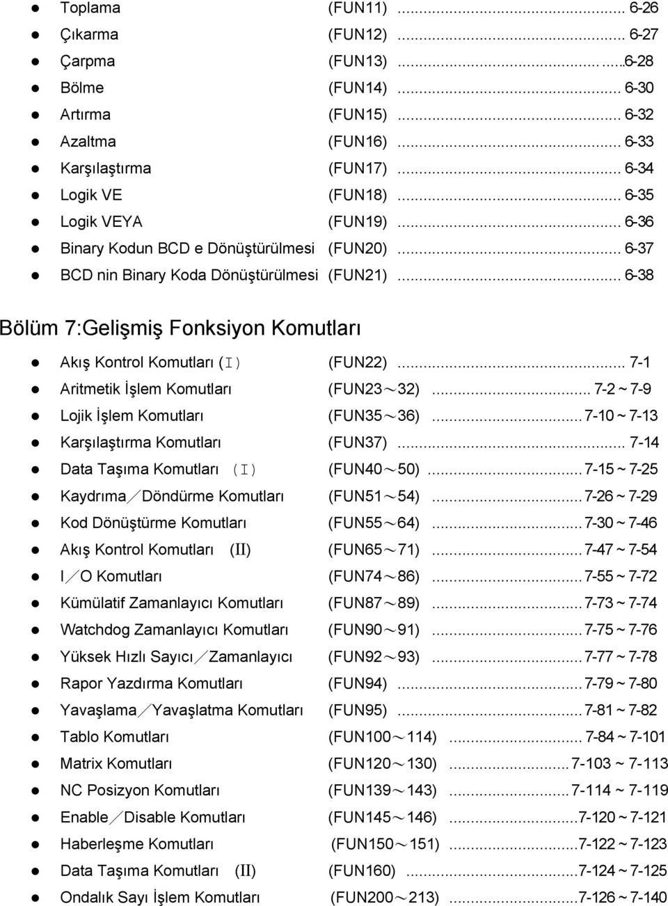 .. 6-38 Bölüm 7:Gelişmiş Fonksiyon Komutları Akış Kontrol Komutları (І) (FUN22)... 7- Aritmetik İşlem Komutları (FUN23~32)... 7-2 ~ 7-9 Lojik İşlem Komutları (FUN35~36).