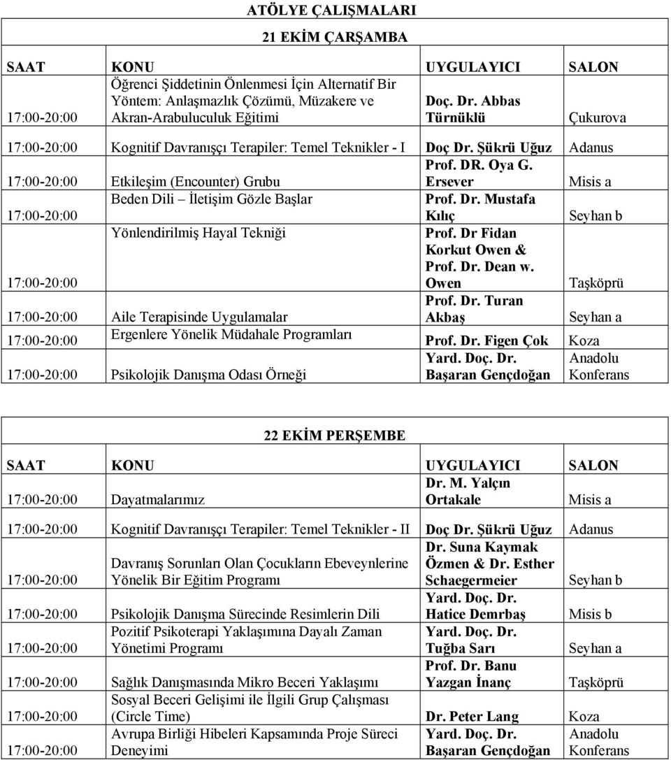 Ersever Misis a 17:00-20:00 Beden Dili İletişim Gözle Başlar Prof. Dr. Mustafa Kılıç Seyhan b 17:00-20:00 Yönlendirilmiş Hayal Tekniği Prof. Dr Fidan Korkut Owen & Prof. Dr. Dean w.