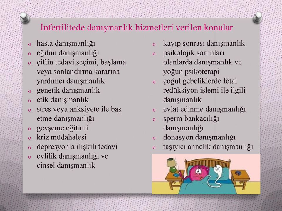 ilişkili tedavi evlilik danışmanlığı ve cinsel danışmanlık o o o o o o o kayıp sonrası danışmanlık psikolojik sorunları olanlarda danışmanlık ve yoğun psikoterapi