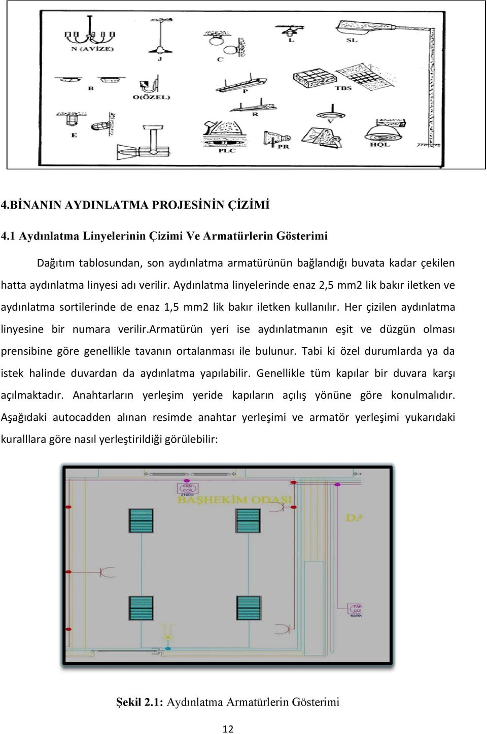 Aydınlatma linyelerinde enaz 2,5 mm2 lik bakır iletken ve aydınlatma sortilerinde de enaz 1,5 mm2 lik bakır iletken kullanılır. Her çizilen aydınlatma linyesine bir numara verilir.