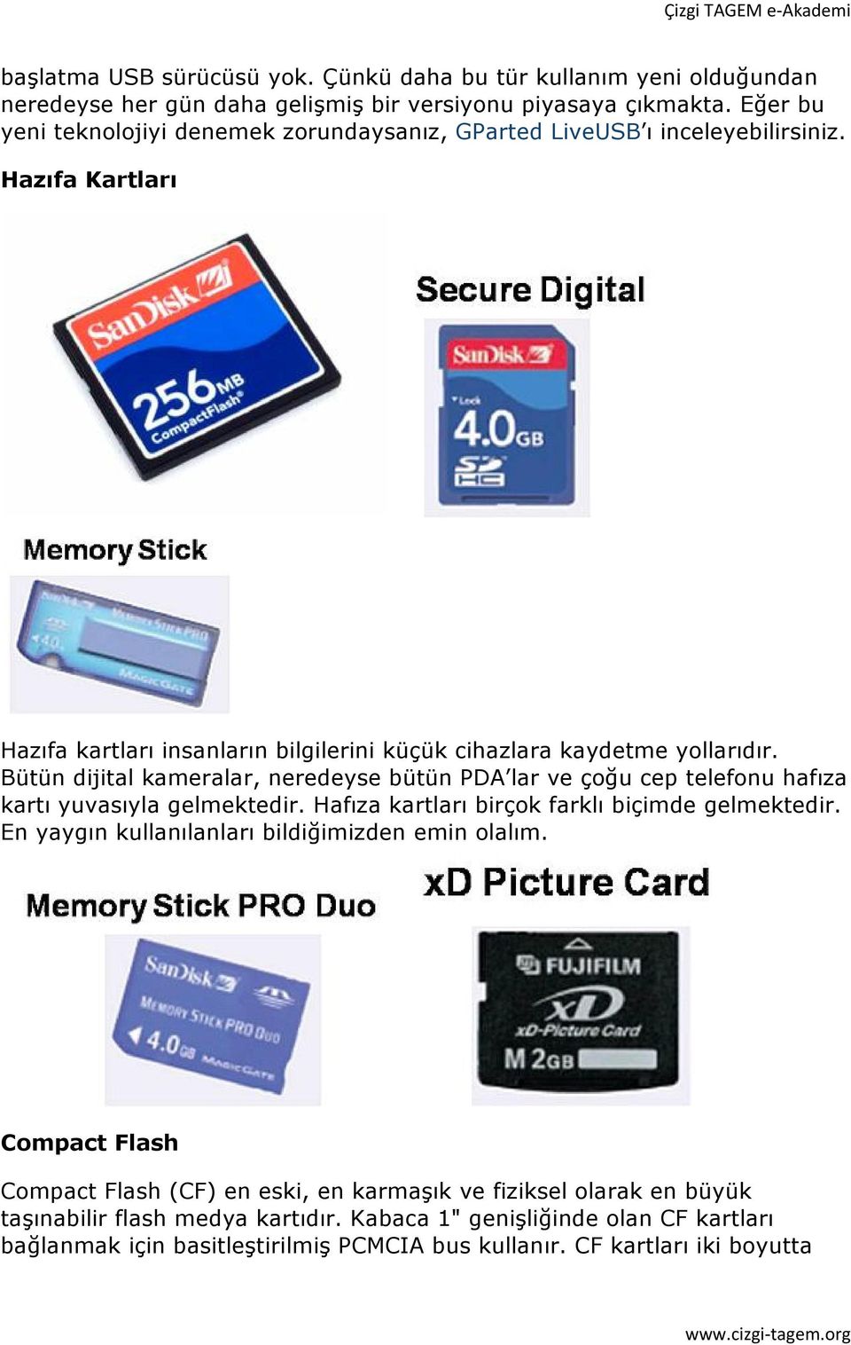 Bütün dijital kameralar, neredeyse bütün PDA lar ve çoğu cep telefonu hafıza kartı yuvasıyla gelmektedir. Hafıza kartları birçok farklı biçimde gelmektedir.