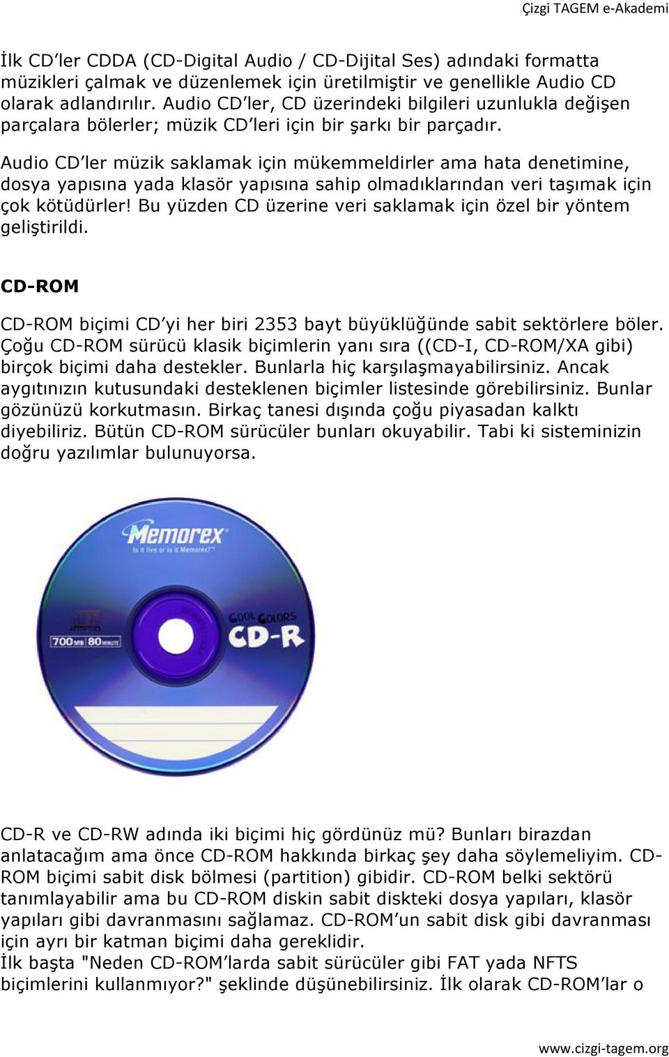Audio CD ler müzik saklamak için mükemmeldirler ama hata denetimine, dosya yapısına yada klasör yapısına sahip olmadıklarından veri taşımak için çok kötüdürler!