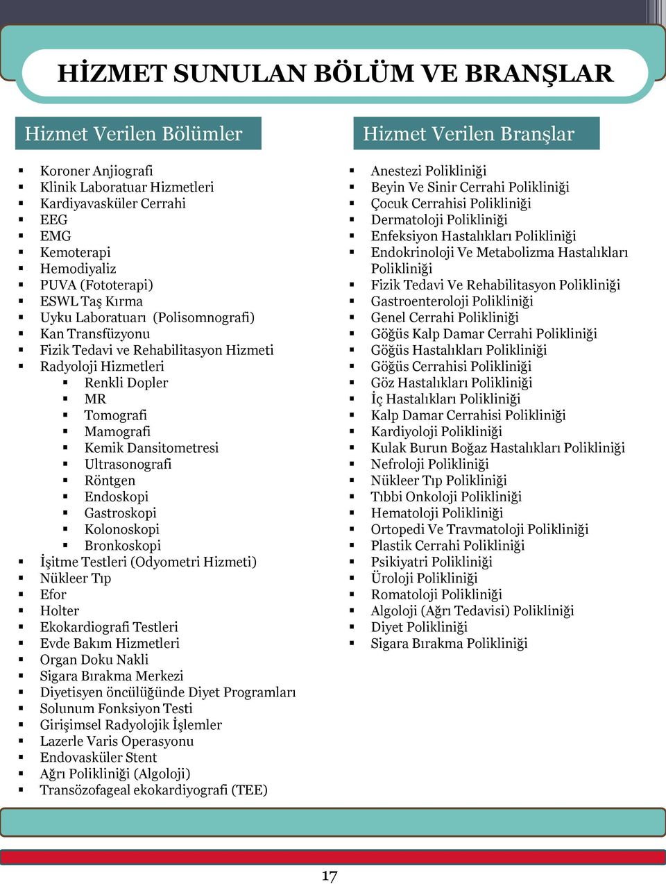 Gastroskopi Kolonoskopi Bronkoskopi İşitme Testleri (Odyometri Hizmeti) Nükleer Tıp Efor Holter Ekokardiografi Testleri Evde Bakım Hizmetleri Organ Doku Nakli Sigara Bırakma Merkezi Diyetisyen