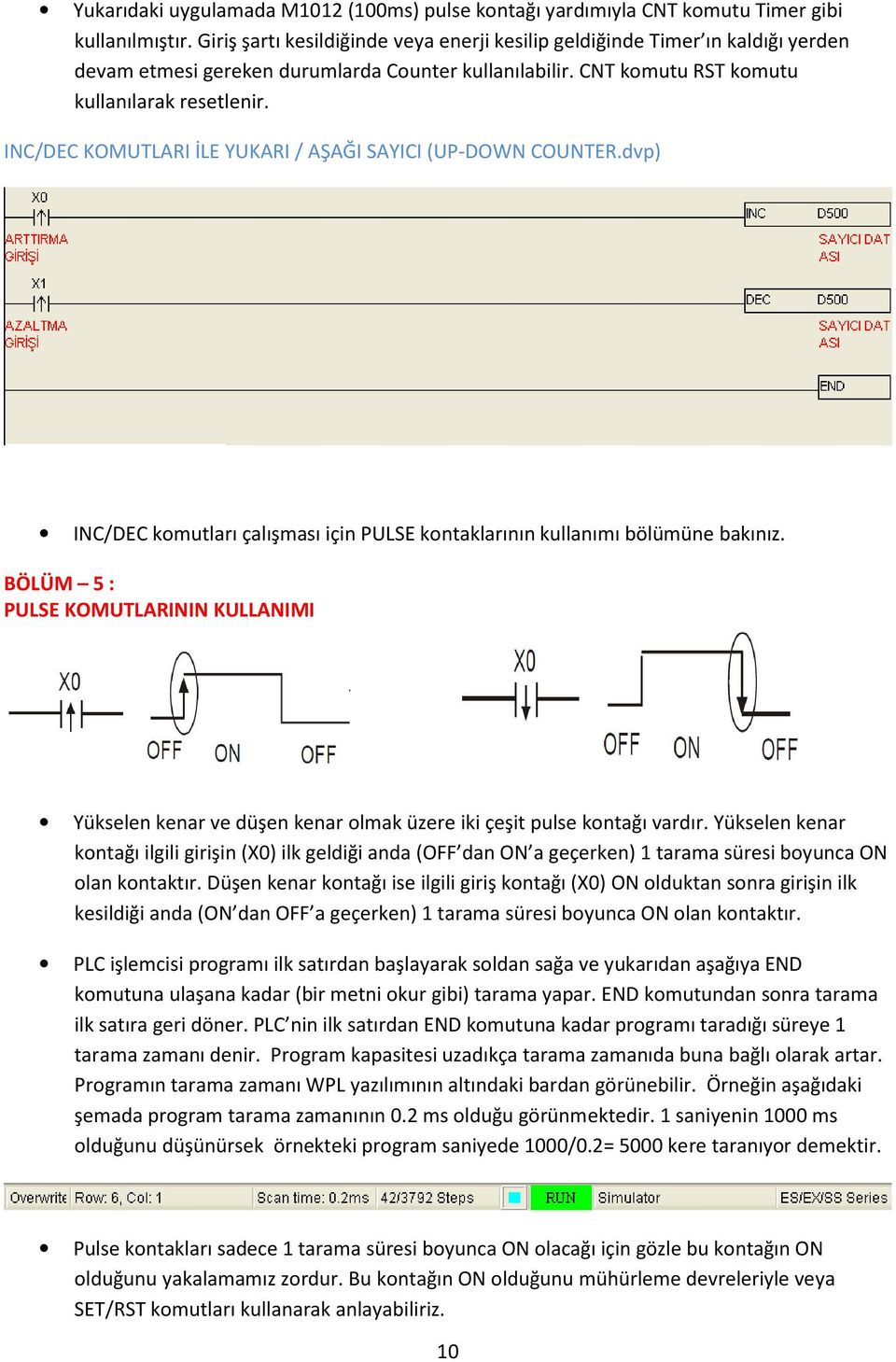 INC/DEC KOMUTLARI İLE YUKARI / AŞAĞI SAYICI (UP-DOWN COUNTER.dvp) INC/DEC komutları çalışması için PULSE kontaklarının kullanımı bölümüne bakınız.