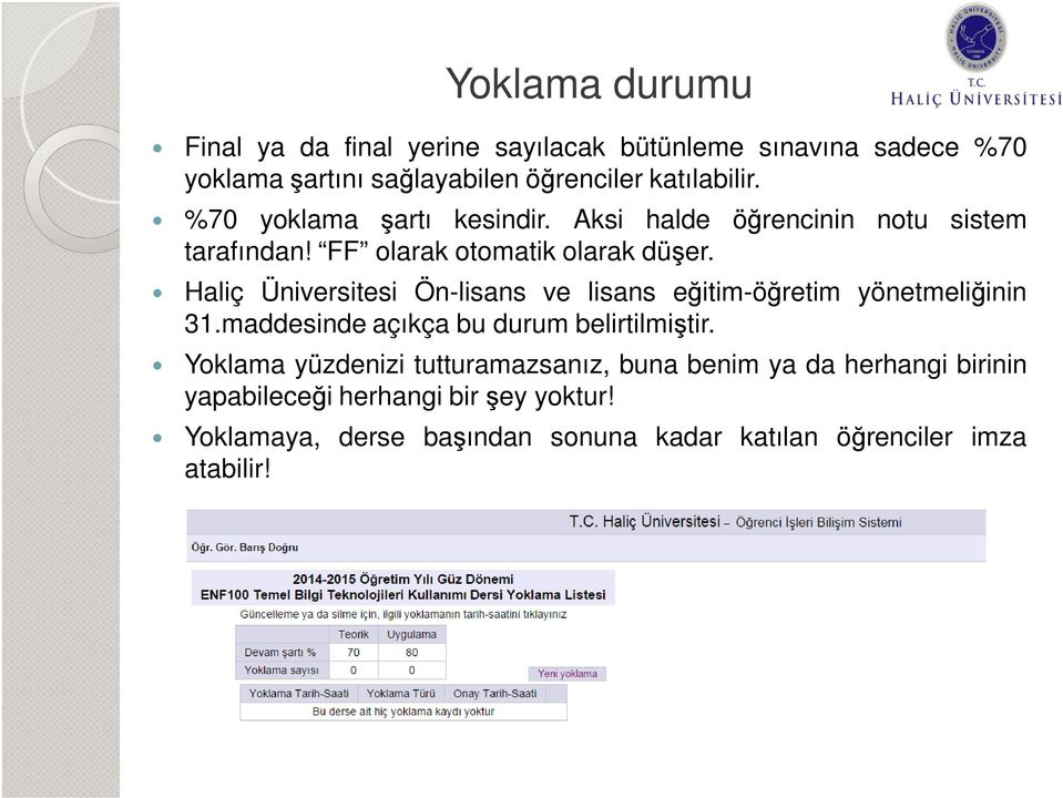 Haliç Üniversitesi Ön-lisans ve lisans eğitim-öğretim yönetmeliğinin 31.maddesinde açıkça bu durum belirtilmiştir.