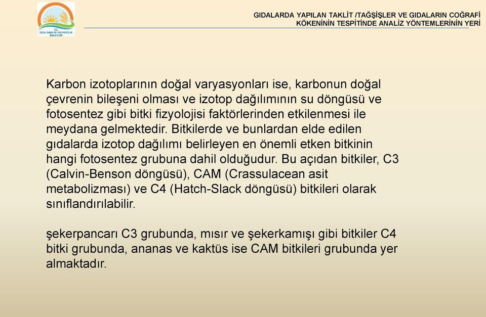 Bitkilerde ve bunlardan elde edilen gıdalarda izotop dağılımı belirleyen en önemli etken bitkinin hangi fotosentez grubuna dahil olduğudur.