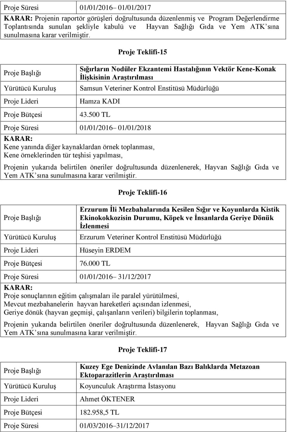 500 TL Proje Süresi 01/01/2016 01/01/2018 Kene yanında diğer kaynaklardan örnek toplanması, Kene örneklerinden tür teşhisi yapılması, Projenin yukarıda belirtilen öneriler doğrultusunda düzenlenerek,