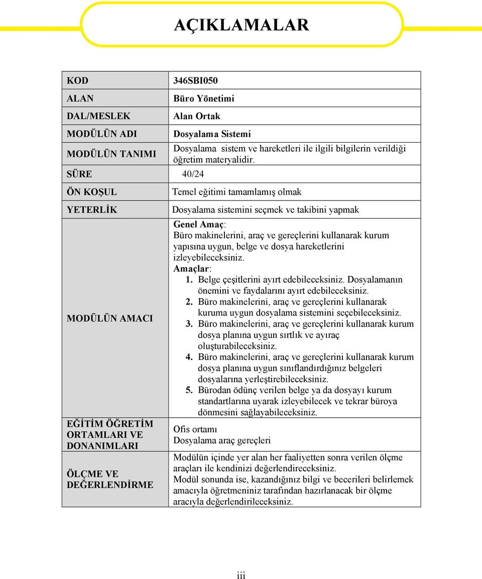 ÖN KOŞUL YETERLİK MODÜLÜN AMACI EĞİTİM ÖĞRETİM ORTAMLARI VE DONANIMLARI ÖLÇME VE DEĞERLENDİRME Temel eğitimi tamamlamış olmak Dosyalama sistemini seçmek ve takibini yapmak Genel Amaç: Büro