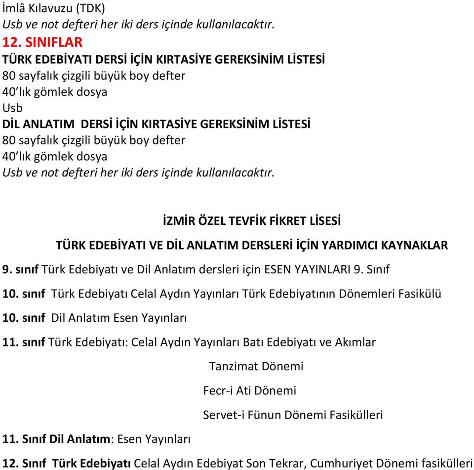 İZMİR ÖZEL TEVFİK FİKRET LİSESİ TÜRK EDEBİYATI VE DİL ANLATIM DERSLERİ İÇİN YARDIMCI KAYNAKLAR 9. sınıf Türk Edebiyatı ve Dil Anlatım dersleri için ESEN YAYINLARI 9. Sınıf 10.