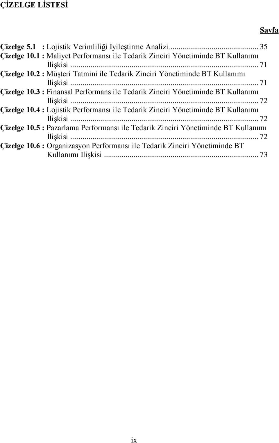 ... 72 Çizelge 10.4 : Lojistik Performansı ile Tedarik Zinciri Yönetiminde BT Kullanımı İlişkisi.... 72 Çizelge 10.5 : Pazarlama Performansı ile Tedarik Zinciri Yönetiminde BT Kullanımı İlişkisi.