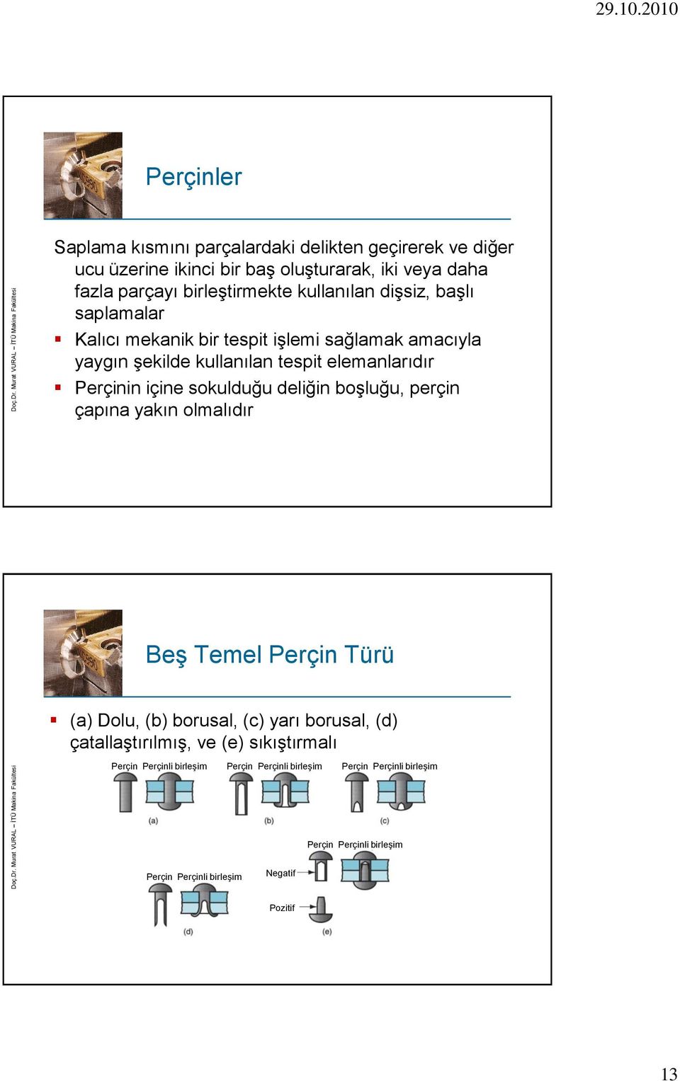 sokulduğu deliğin boşluğu, perçin çapına yakın olmalıdır Beş Temel Perçin Türü (a) Dolu, (b) borusal, (c) yarı borusal, (d) çatallaştırılmış, ve (e)