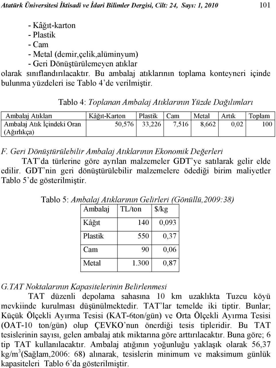 Tablo 4: Toplanan Ambala Atıklarının Yüzde Dağılımları Ambala Atıkları Kâğıt-Karton Plastik Cam Metal Artık Toplam Ambala Atık İçindeki Oran 50,576 33,226 7,516 8,662 0,02 100 (Ağırlıkça) F.