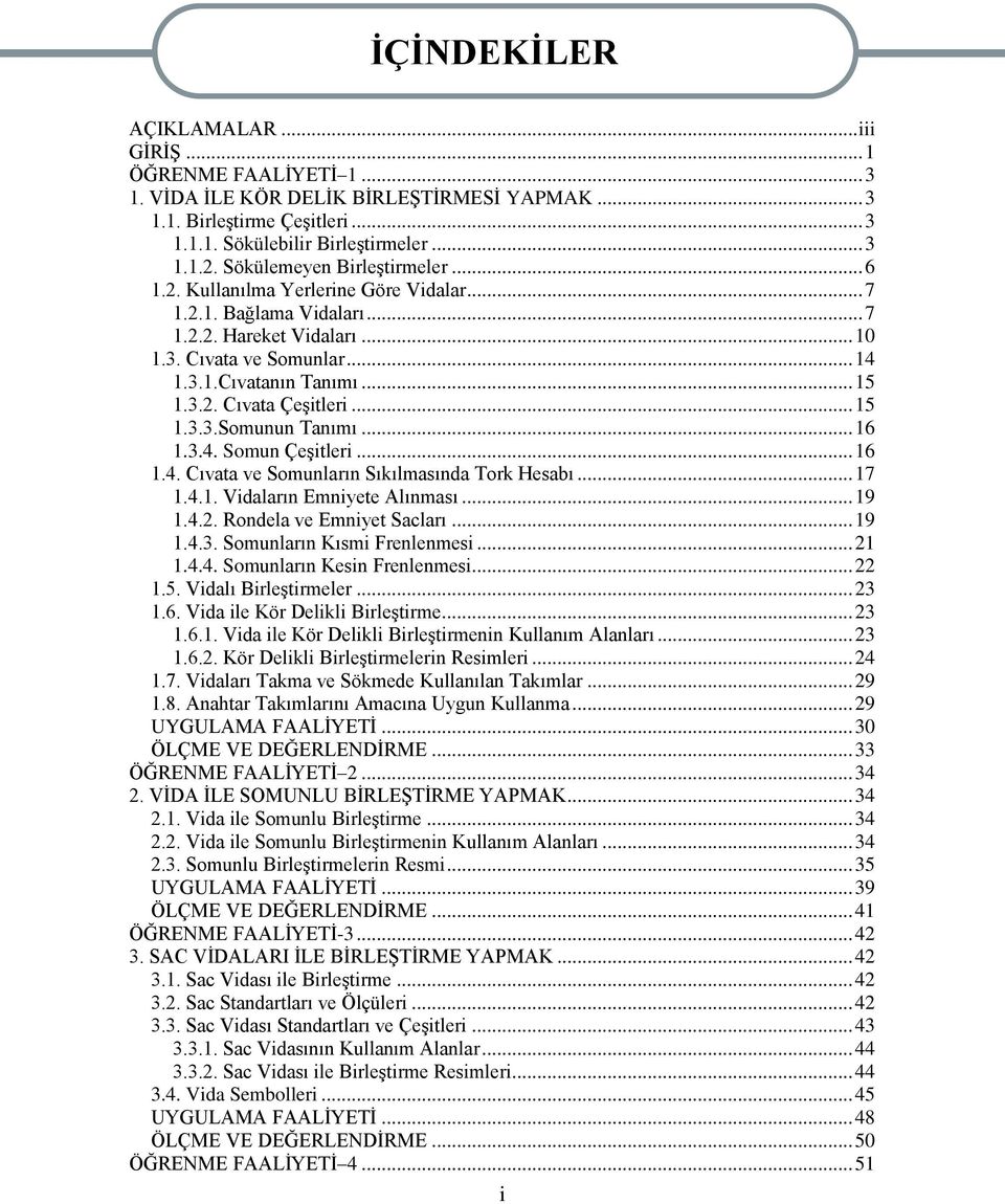 .. 15 1.3.3.Somunun Tanımı... 16 1.3.4. Somun ÇeĢitleri... 16 1.4. Cıvata ve Somunların Sıkılmasında Tork Hesabı... 17 1.4.1. Vidaların Emniyete Alınması... 19 1.4.2. Rondela ve Emniyet Sacları... 19 1.4.3. Somunların Kısmi Frenlenmesi.