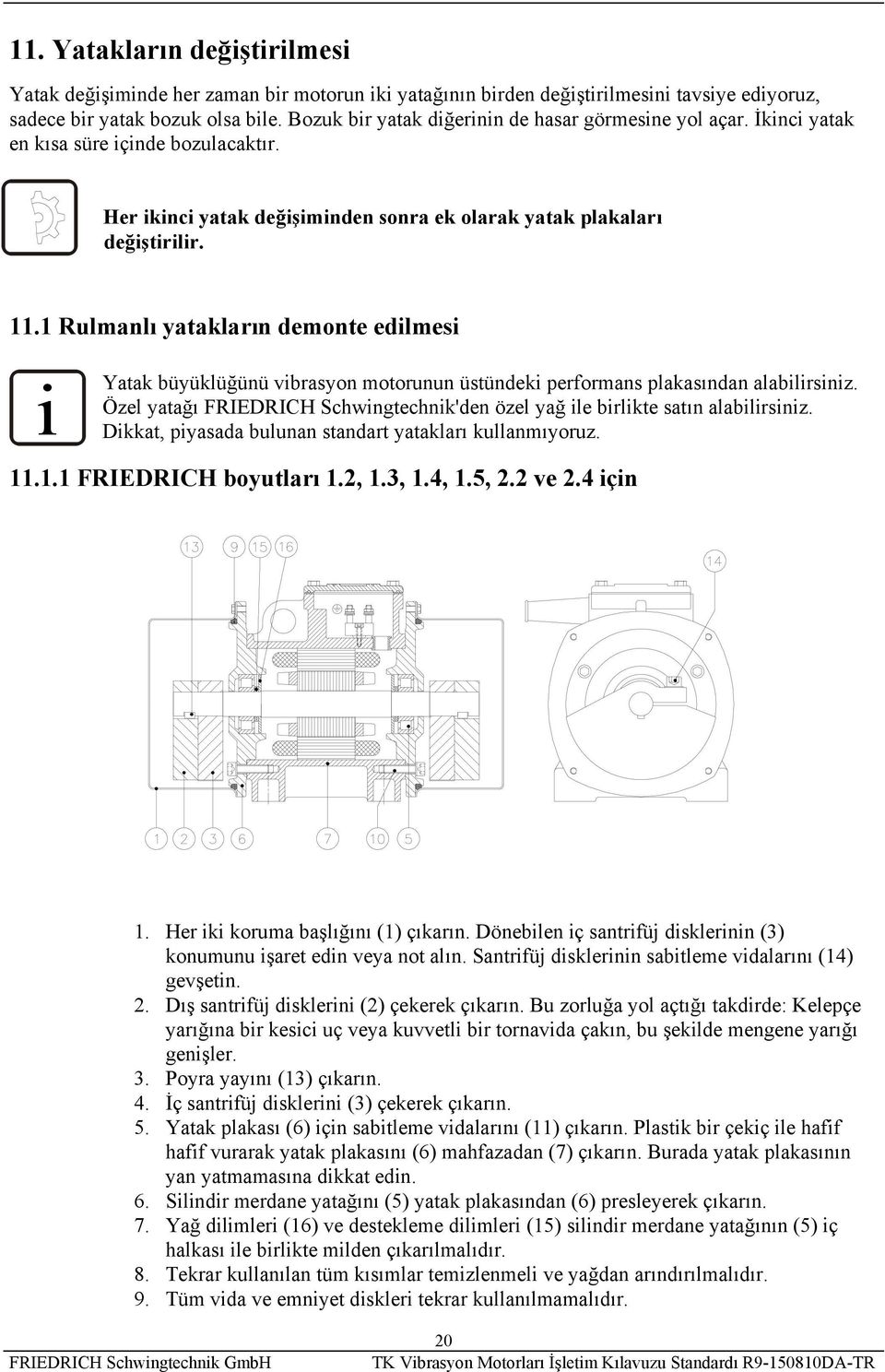 1 Rulmanlı yatakların demonte edilmesi i Yatak büyüklüğünü vibrasyon motorunun üstündeki performans plakasından alabilirsiniz.