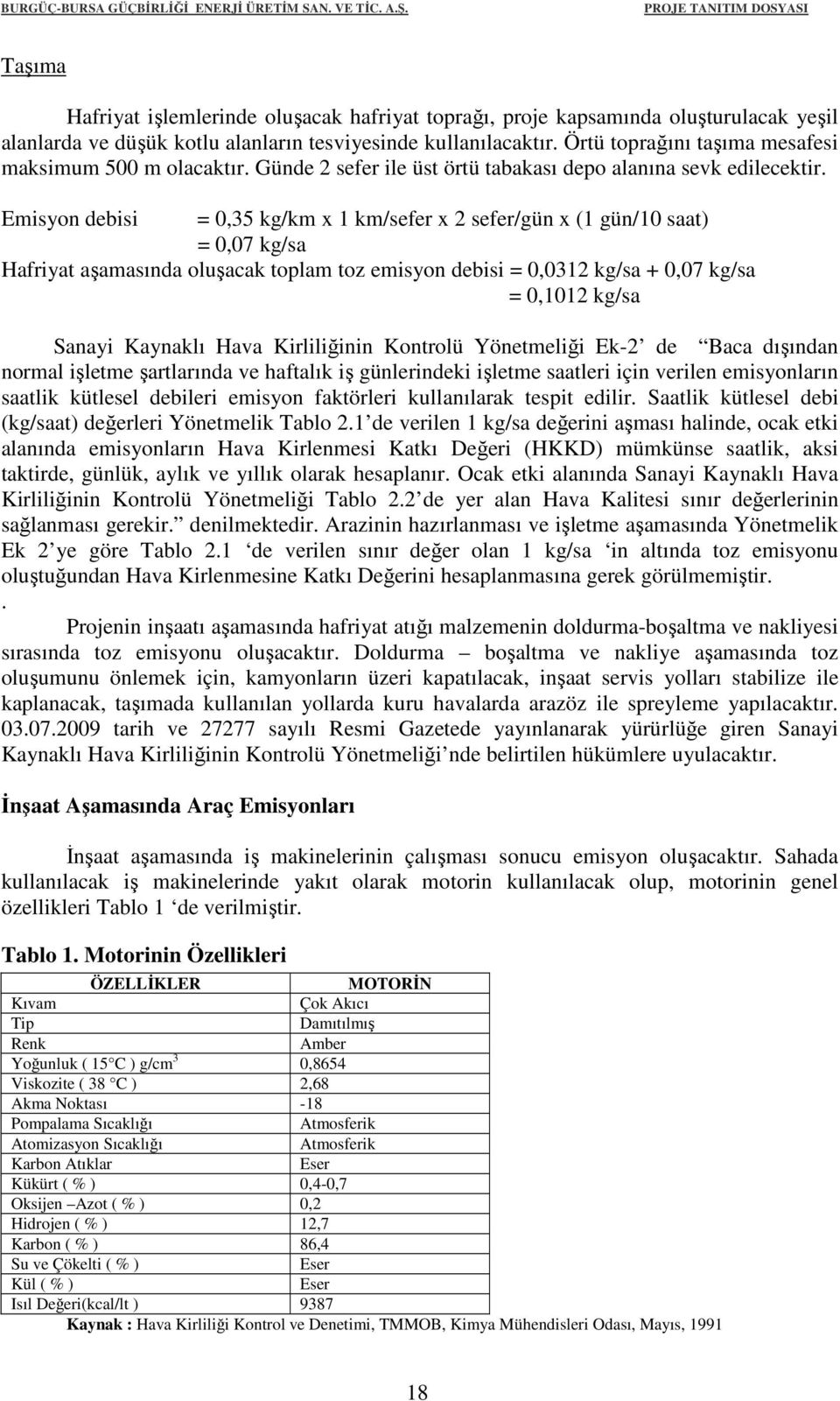 Emisyon debisi = 0,35 kg/km x 1 km/sefer x 2 sefer/gün x (1 gün/10 saat) = 0,07 kg/sa Hafriyat aşamasında oluşacak toplam toz emisyon debisi = 0,0312 kg/sa + 0,07 kg/sa = 0,1012 kg/sa Sanayi Kaynaklı