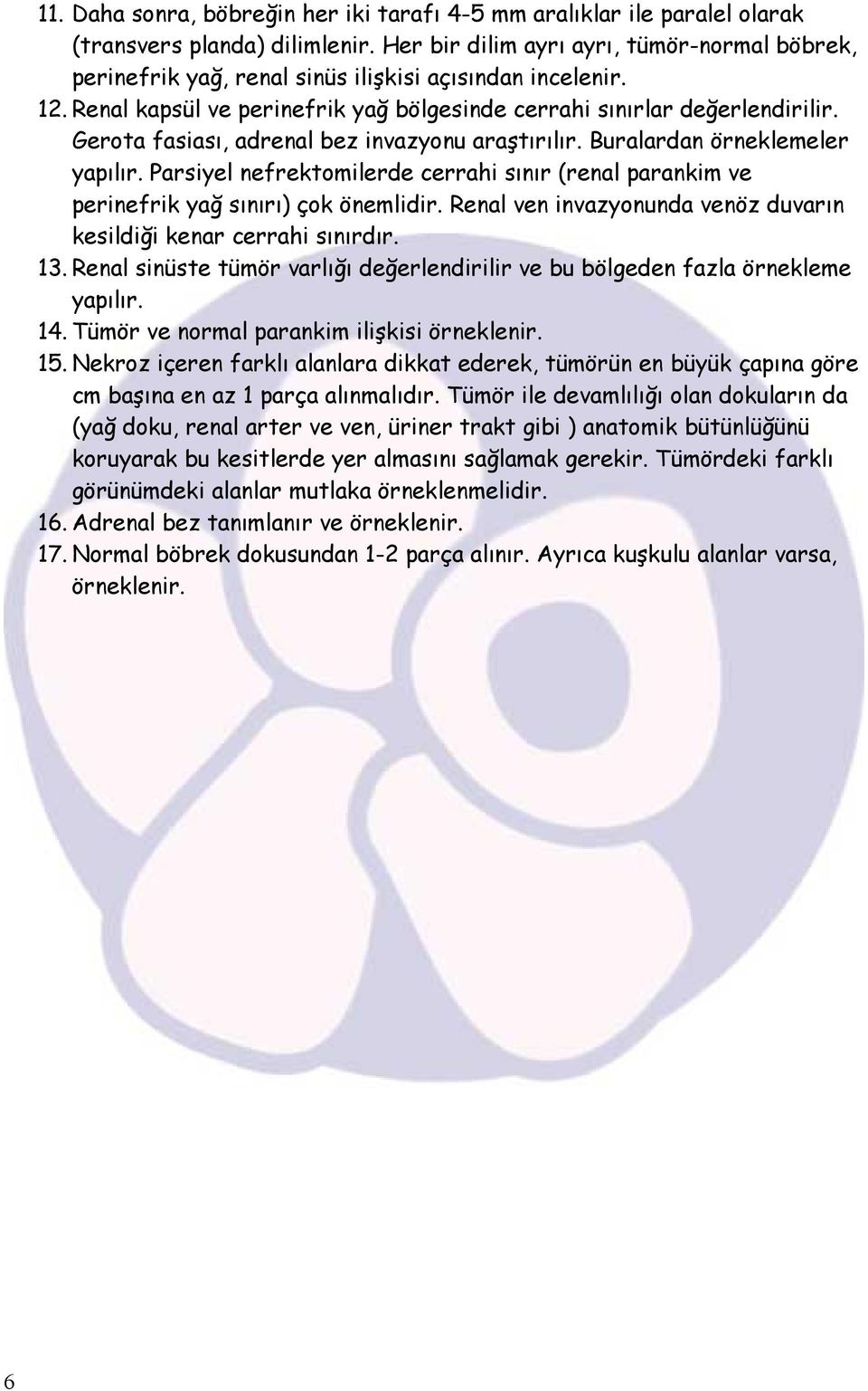 Gerota fasiası, adrenal bez invazyonu araştırılır. Buralardan örneklemeler yapılır. Parsiyel nefrektomilerde cerrahi sınır (renal parankim ve perinefrik yağ sınırı) çok önemlidir.