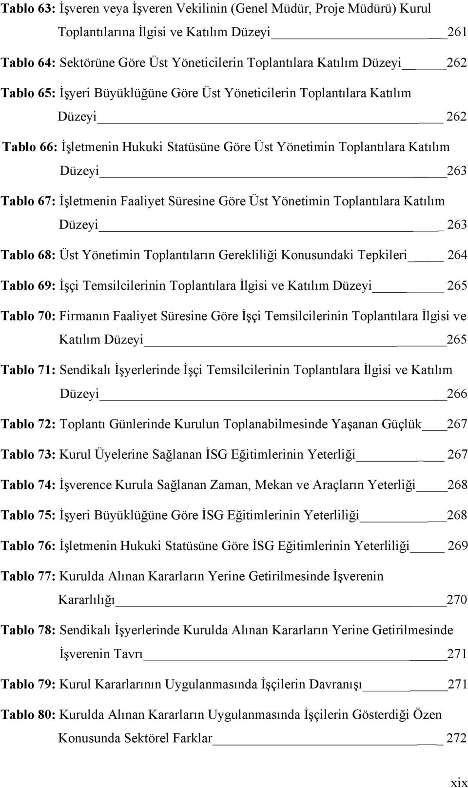 Süresine Göre Üst Yönetimin Toplantılara Katılım Düzeyi 263 Tablo 68: Üst Yönetimin Toplantıların Gerekliliği Konusundaki Tepkileri 264 Tablo 69: İşçi Temsilcilerinin Toplantılara İlgisi ve Katılım