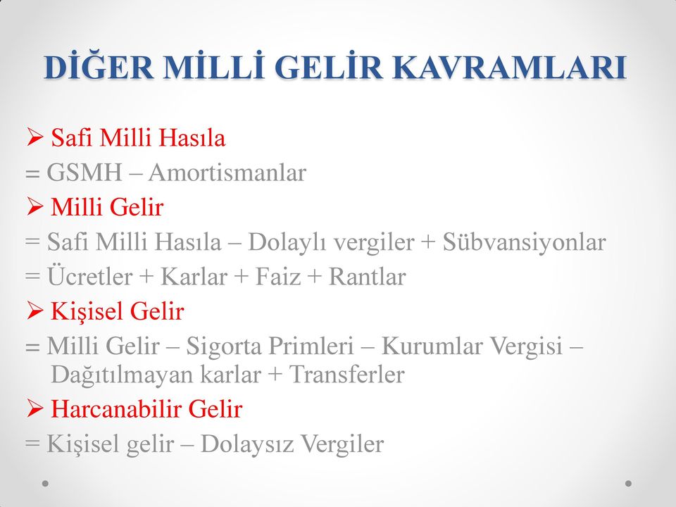 Faiz + Rantlar Kişisel Gelir = Milli Gelir Sigorta Primleri Kurumlar Vergisi