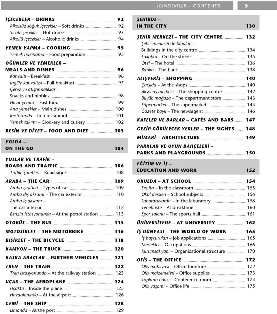 Main dishes 100 Restoranda In a restaurant 101 Yemek takımı Crockery and cutlery 102 BESİN VE DIYET FOOD AND DIET 103 YOLDA ON THE GO 104 YOLLAR VE TRAFIK ROADS AND TRAFFIC 106 Trafik işaretleri Road