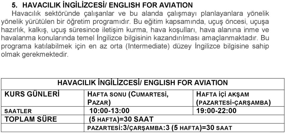 kazandırılması amaçlanmaktadır. Bu programa katılabilmek için en az orta (Intermediate) düzey İngilizce bilgisine sahip olmak gerekmektedir.