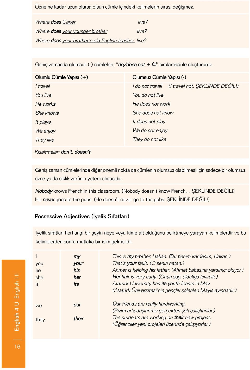 Olumlu Cümle Yapısı (+) I travel You live He works She knows It plays We enjoy They like Olumsuz Cümle Yapısı (-) I do not travel (I travel not. ŞEKLİNDE DEĞİL!