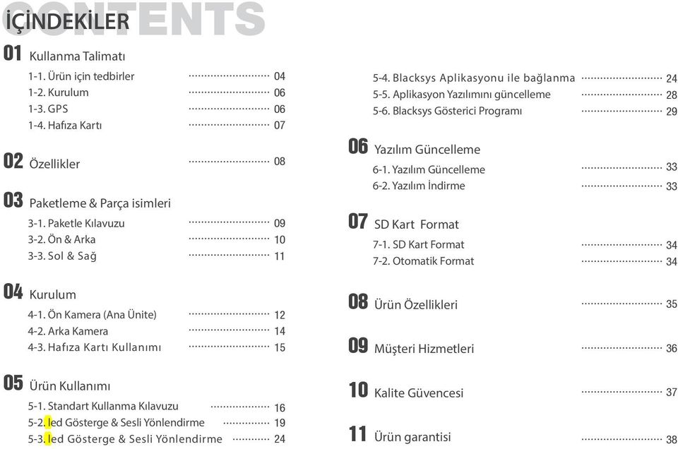 Yazılım Güncelleme 6-2. Yazılım İndirme 07 SD Kart Format 7-1. SD Kart Format 7-2. Otomatik Format... 24... 28... 29... 33... 33... 34... 34 04 Kurulum 4-1. Ön Kamera (Ana Ünite) 4-2. Arka Kamera 4-3.