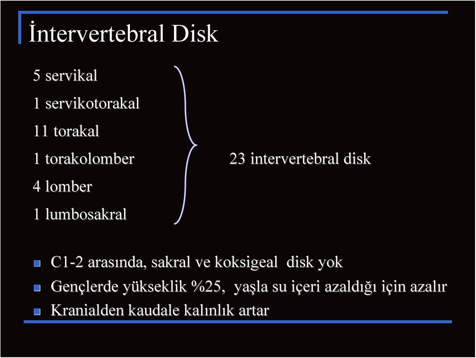 arasında, sakral ve koksigeal disk yok Gençlerde yükseklik %25,