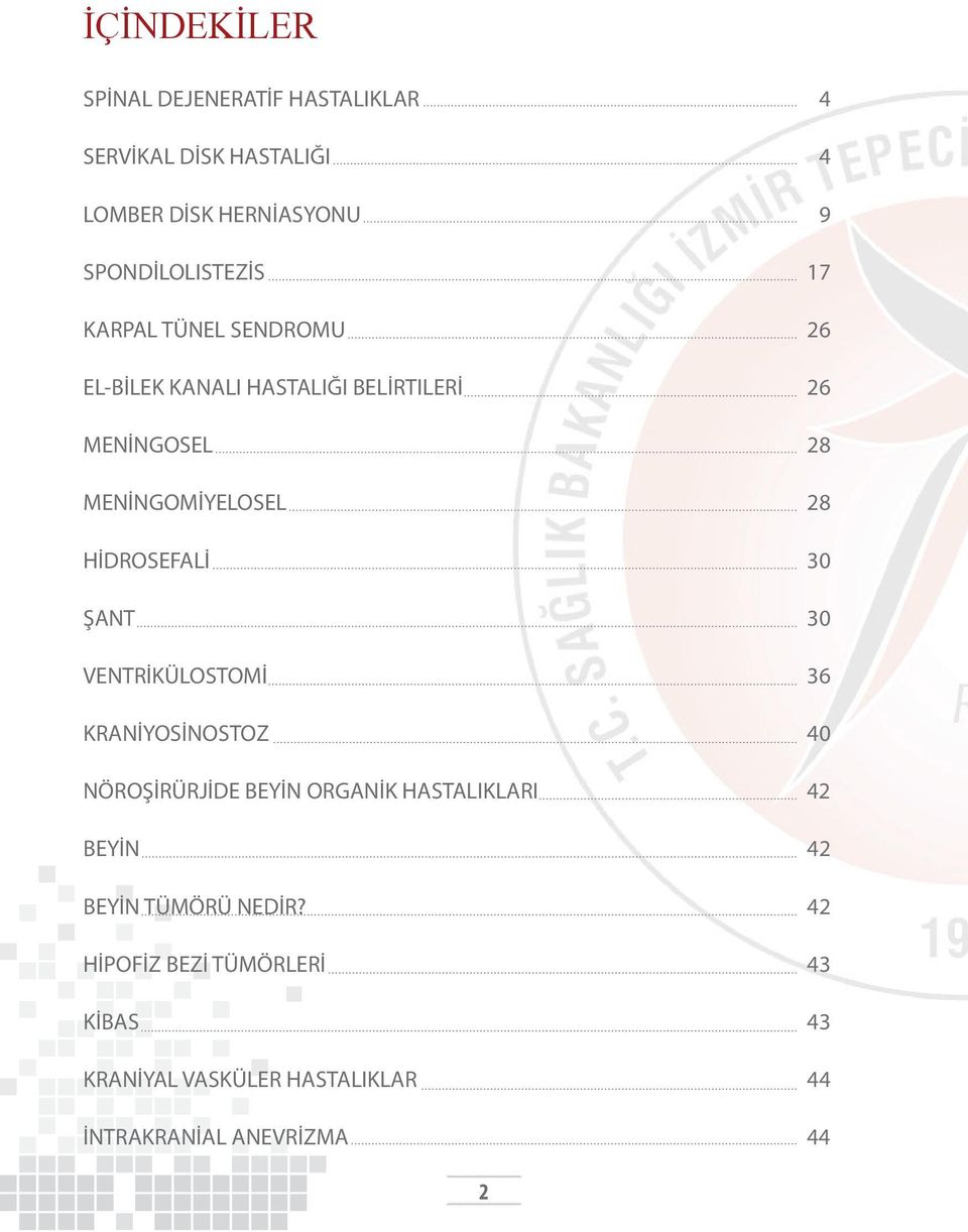 MENİNGOMİYELOSEL 28 HİDROSEFALİ 30 ŞANT 30 VENTRİKÜLOSTOMİ 36 KRANİYOSİNOSTOZ 40 NÖROŞİRÜRJİDE BEYİN ORGANİK